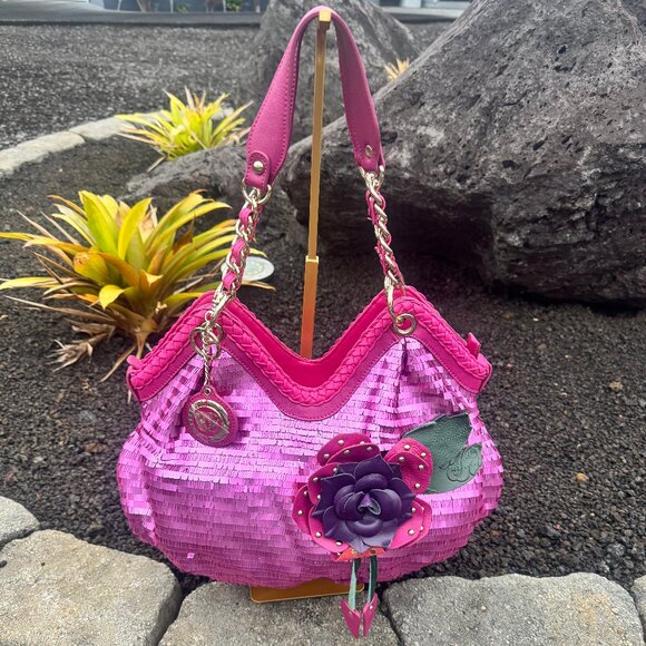Sharif Designed in New York Pink Leather Sequin Fringe Shoulder Bag Magenta - Picture 3 of 17